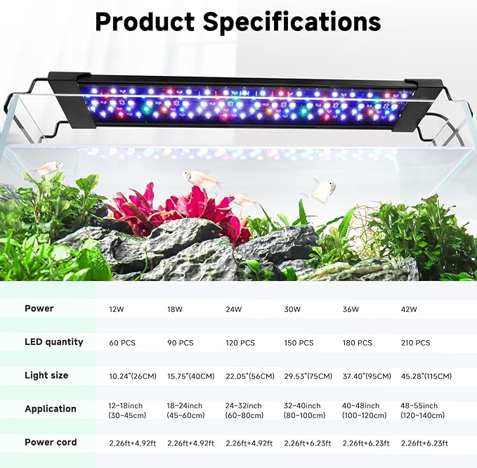 AQQA LED Aquarium Light, 24/7 Mode IP68 Waterproof Extendable Bracket Fish Tank Light, DIY Mode Full Spectrum Aquarium Plant Light, Adjustable Timer/Brightness Memory Function for 48-55 Inch Fish Tank-PawvioPets