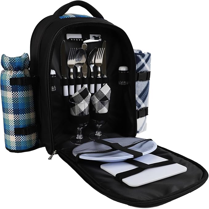 apollo walker Picnic Backpack Bag for 2 Person with Cooler Compartment, Detachable Bottle/Wine Holder, Fleece Blanket, Plates and Cutlery Set-PawvioPets