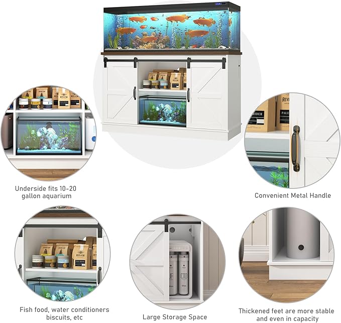 Farmhouse 55-75 Gallon Fish Tank Stand with Power Outlet, Aquarium Stand with Cabinet&Sliding Barn Door, Heavy Duty Reptile Tank Stand for 2 Fish Tank/Turtle Tank/Reptile Terrarium, White-PawvioPets