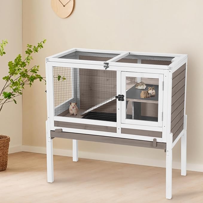 AIVITUVIN Wooden Guinea Pig Cage Indoor with Cooling Plate and Anti-Chewing Edges Two-Story Rabbit Hutch Pull Out Tray Outdoor Rabbit Cage with Raised Stand and Wire Mesh Small Animals Cage (Brown-PawvioPets