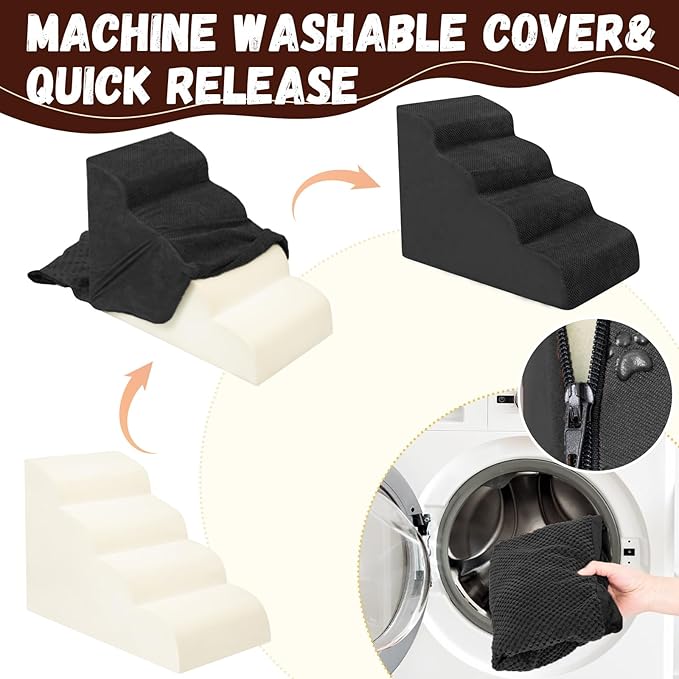 Dog Stairs for Small Dogs - High Density Foam Pet Steps, Extra Wide Dog Ramp with Non-Slip Bottom for High Beds, Couch and Sofa, Best for Dogs Injured, Older Doggy Cats, 4 Steps, Black-PawvioPets