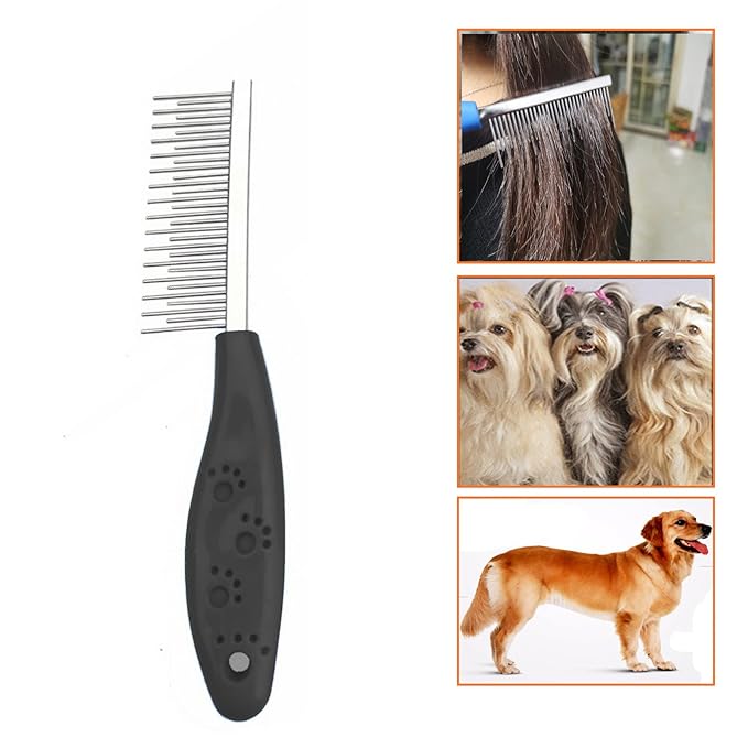 Dog or Cat Comb Grooming with Short and Long Teeth Dematting Knots Tangles Remover Combs Detangler Tool Suitable for Dogs Cats Poodle HorseStainless Steel Pin (Black)-PawvioPets