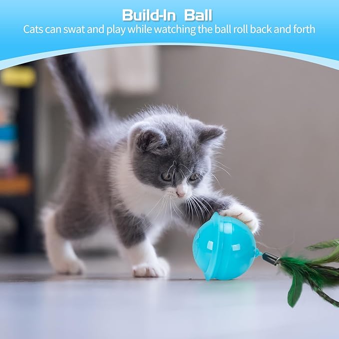 Cat Feather Toy Ball Automatic Moving Interactive Cat Toys for Indoor Cats, Self Rolling Electric Smart Tumbler Ball with Colorful Light and Big Feather Chasing Game (Blue)-PawvioPets