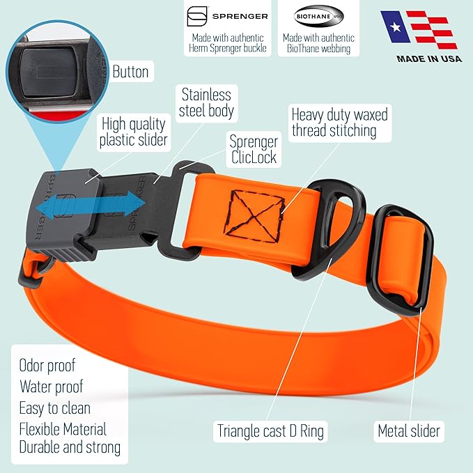Dogline Biothane Waterproof Dog Collar with Herm Sprenger Stainless Steel Quick Release Buckle – Heavy Duty Tactical Durable Collar for Dogs – Comfortable and Safe Pet Collar, W 1" L 15-25", Orange-PawvioPets