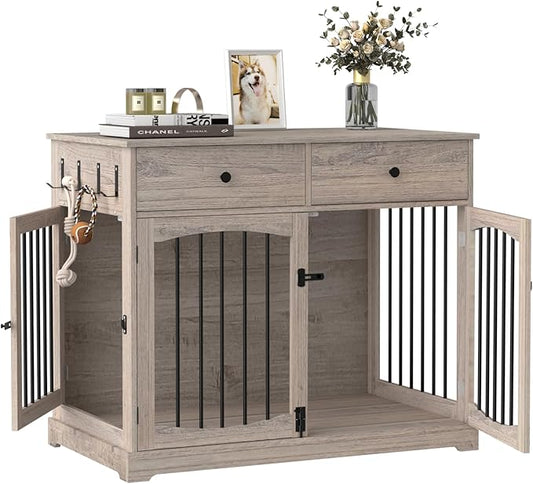 BREEZEHEAT 40 inch Dog Crate Furniture-Farmhouse Dog Kennel with Drawers-End Table Wooden Pet Crate, Double Door Design, Decorative Dog House Indoor for Small Medium Large Dog, Oak Grey-PawvioPets