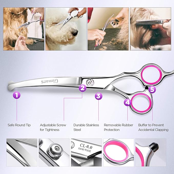 Gimars Professional 4CR Stainless Steel 6 in 1 Grooming Scissors for Dogs with Safety Round Tip, Heavy Duty Titanium Coated Pet Grooming Scissor for Dogs, Cats and Other Animals-PawvioPets