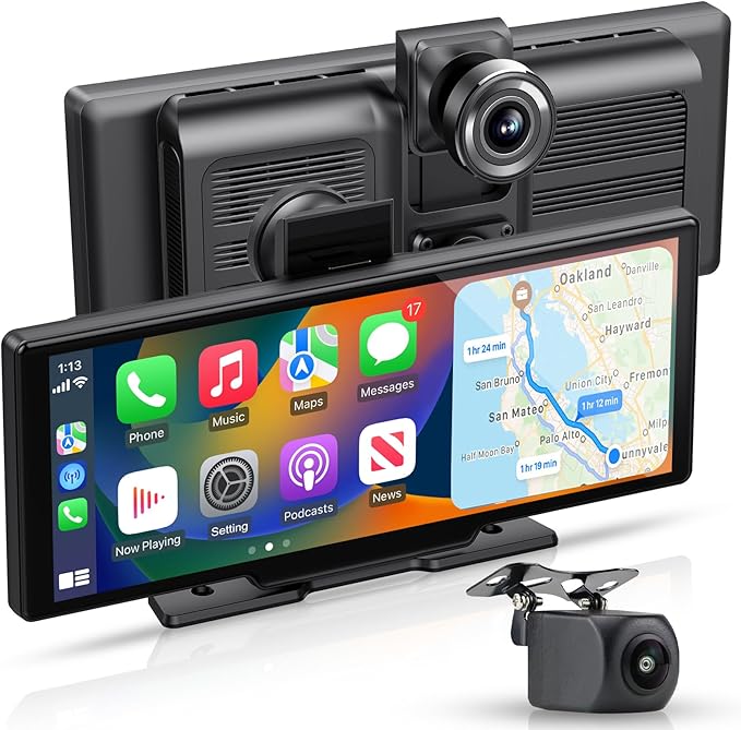 Apple carplay & Android Auto,Wireless Double din 10.26 inch Dash Cam with Front Camera and Backup Camera.GPS Navigation,Mirror Link/Voice Control/Bluetooth for Car RV Pickup Bus Trailer.etc-PawvioPets