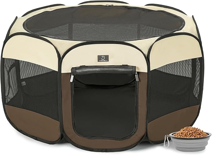 A4Pet Puppy Playpen, 39.5” Pet Playpen with Bowl, Suitable for Puppies, Kittens, and Small Animals, Removable Zipper & Mesh Panel(16”W × 10”H)-PawvioPets