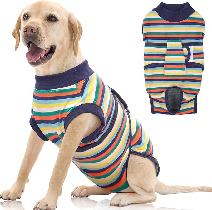 FUAMEY Recovery Suit for Dogs After Surgery,Soft Breathable Dog Bodysuit E-Collar & Cone Alternative Surgical Suit,Male Female Dog Neuter Spay Suits Anti Licking Wounds Onesie Dark Blue Stripes XL-PawvioPets