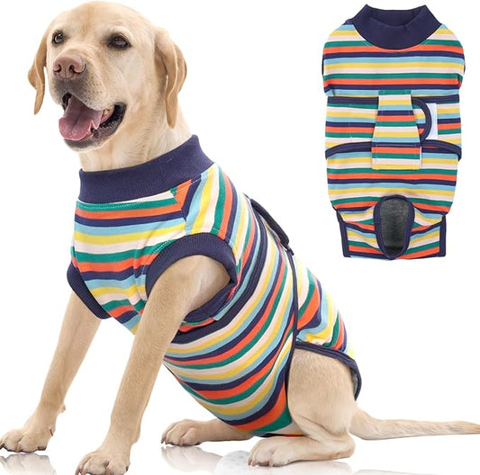FUAMEY Recovery Suit for Dogs After Surgery,Soft Breathable Dog Bodysuit E-Collar & Cone Alternative Surgical Suit,Male Female Dog Neuter Spay Suits Anti Licking Wounds Onesie Dark Blue Stripes XL-PawvioPets