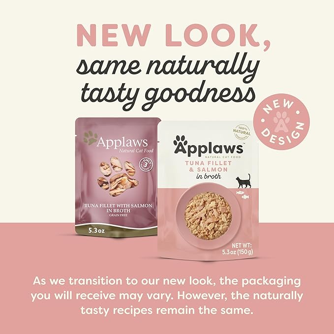 Applaws Natural Wet Cat Food in Broth, Limited Ingredient Wet Cat Food Pouches, No Additives, Made with Natural Ingredients, Tuna Fillet with Salmon in Broth (12 x 5.3oz Pouches)-PawvioPets