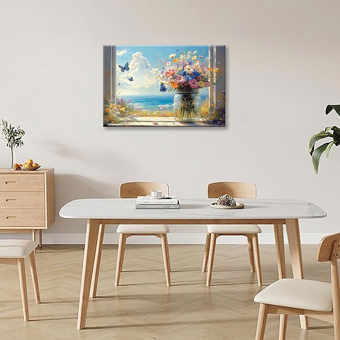 Beach Floral Bathroom Pictures Wall Art, Colorful Flower Bathroom Wall Decor, Coastal Ocean Framed Painting Canvas Artwork for Bedroom Living Room Decorations 24"L x 16"W-PawvioPets