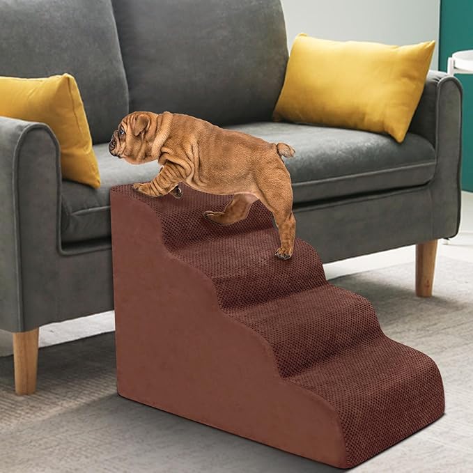 Dog Stairs for Small Dogs - High Density Foam Pet Steps, Extra Wide Dog Ramp with Non-Slip Bottom for High Beds, Couch and Sofa, Best for Dogs Injured, Older Doggy Cats,4 Steps, Brown-PawvioPets