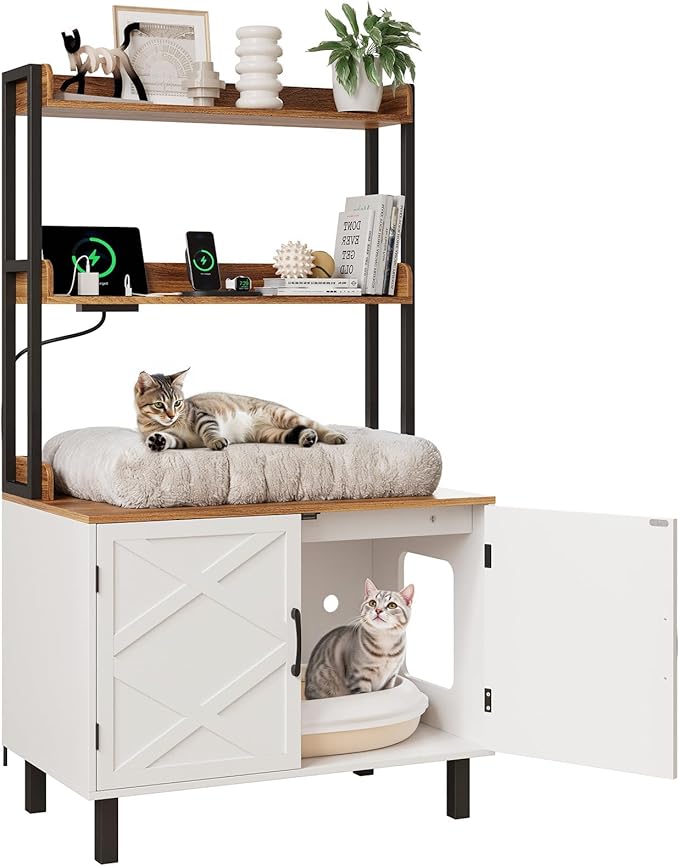 55 Inches Cat Litter Box Enclosure, Hidden Litter Box Furniture with 2 Storage Shelves and Charging Sockets, Wooden Cat House, Large Indoor Cabinet for Living Room & Entryway, White-PawvioPets