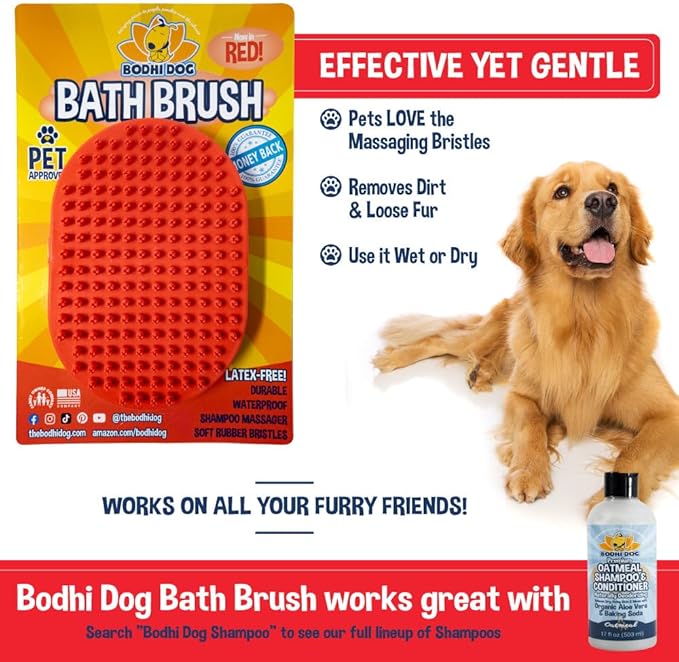Bodhi Dog Shampoo Brush - Pet Grooming & Bath Supplies for Dogs and Cats - Bath Brush for Long & Short Hair - Premium Scrubber for Shower, Bathing & Massage (One Pack, Red)-PawvioPets