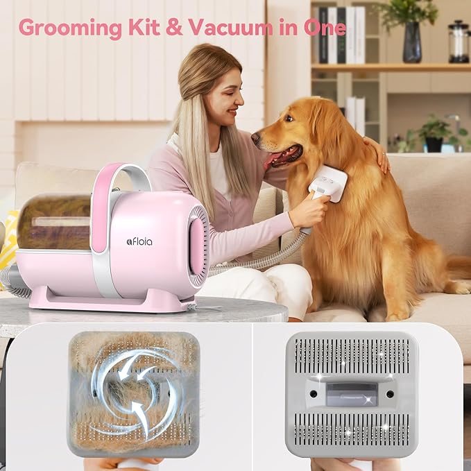 Afloia 6-in-1 Dog Grooming Kit, Pet Grooming Vacuum for Shedding, Dog Hair Vacuum with Clipper Nail Trimmer Grinder, Pet Brush Groomer at Home, Low Noise Cats Hair Remover, 1.5L Dust Cup, Pink-PawvioPets