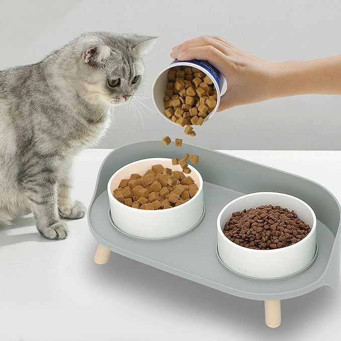 Elevated Dog Bowls Set, Ceramic Pet Food & Water Bowls with Non-Slip Stand, No Spill Design for Cats/Small Medium Dogs Gray-PawvioPets