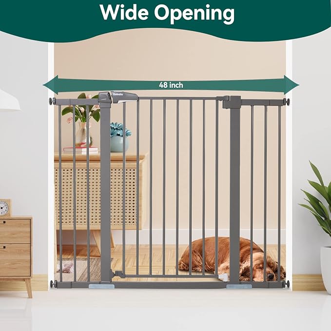 BABELIO 36 Inch Tall Metal Baby Gate, 29-48" Auto Close Pressure Mounted Dog Gate, Gray-PawvioPets