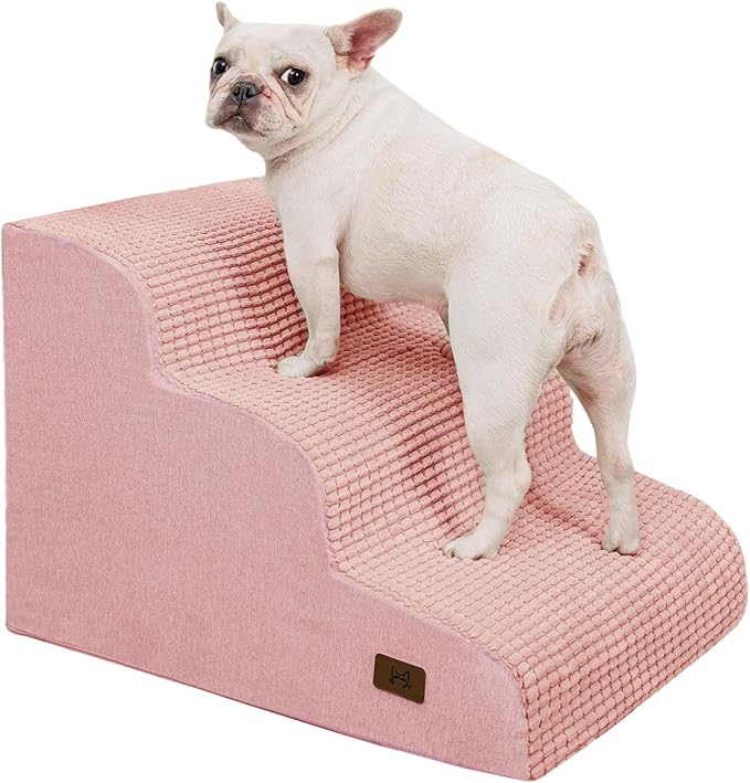 Dog Step for Bed, Dog Stair 3-Step 35D Pet Stair 15.7" H for High Bed or Sofa Non-Slip Balanced Pet Step Indoor, Pink-PawvioPets
