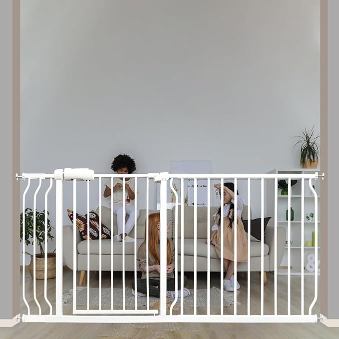 Extra Wide Baby & Dog Gate 62-67 Inch, Pressure Mounted No Drilling, Adjustable Indoor Safety Gate for Stairs & Wide Doorways - Metal Design for Kids and Pets, White-PawvioPets