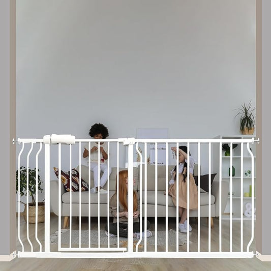 Extra Wide Baby & Dog Gate 62-67 Inch, Pressure Mounted No Drilling, Adjustable Indoor Safety Gate for Stairs & Wide Doorways - Metal Design for Kids and Pets, White-PawvioPets