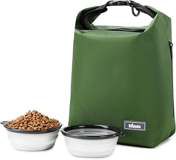 Dog Food Travel Bag,Pet Food Container 20 lb w/2PCS Collapsible Dog Travel Bowls and Zipper Side Pocket(Green, Large)-PawvioPets
