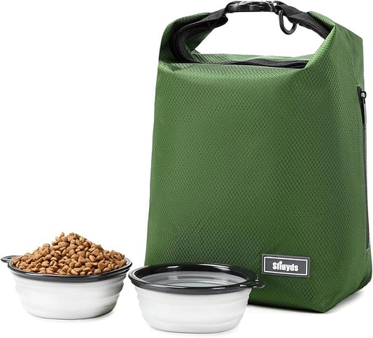 Dog Food Travel Bag,Pet Food Container 20 lb w/2PCS Collapsible Dog Travel Bowls and Zipper Side Pocket(Green, Large)-PawvioPets