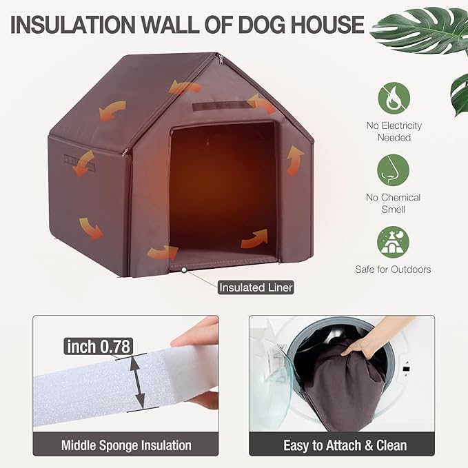 Dog House with Insulated Liner Outdoor Indoor All-Around Iron Frame Design Dog House with Porch＆Raised Feet for Small Medium Large Dogs（Brown）-PawvioPets