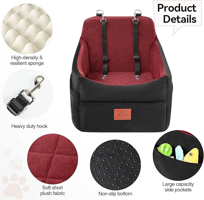 Dog Car Seat for Small/Medium Dogs, Dog Booster Car Seats with Thick Cushion for Dogs Under 35lbs, Detachable Washable Pet Car Seat with Storage Pockets, 2 Safety Belts(Black/Red)-PawvioPets
