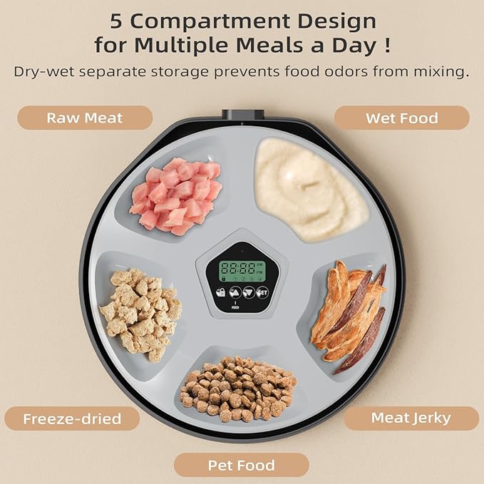 Automatic Pet Feeder for Wet & Dry Food, 5-Meal Timer Dispenser with 2 Ice Packs, Programmable Smart Feeder for Cats/Dogs – Keep Food Fresh Longer (Pet Feeder with 2 Ice Cube Tray)-PawvioPets