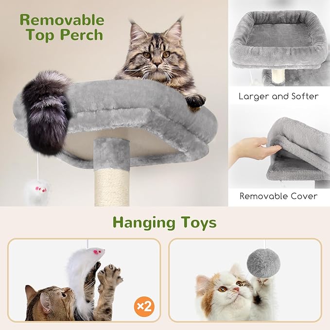 Globlazer Tall Cat Tower, 76 inch Multiple Level Cat Climbers for Indoor Cats, XL Cat Tree with 5 Scratching Posts, 2 Cat Condos, Hammock, 2 Hanging Baskets, F76B, Light Grey-PawvioPets