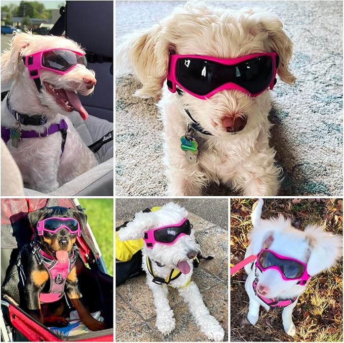 Dog Goggles Dog Sunglasses for Medium Breed UV Protection Windproof with Adjustable Head Straps Chin Straps for Ride Car/Hiking Travel/On Beach-Pink-PawvioPets