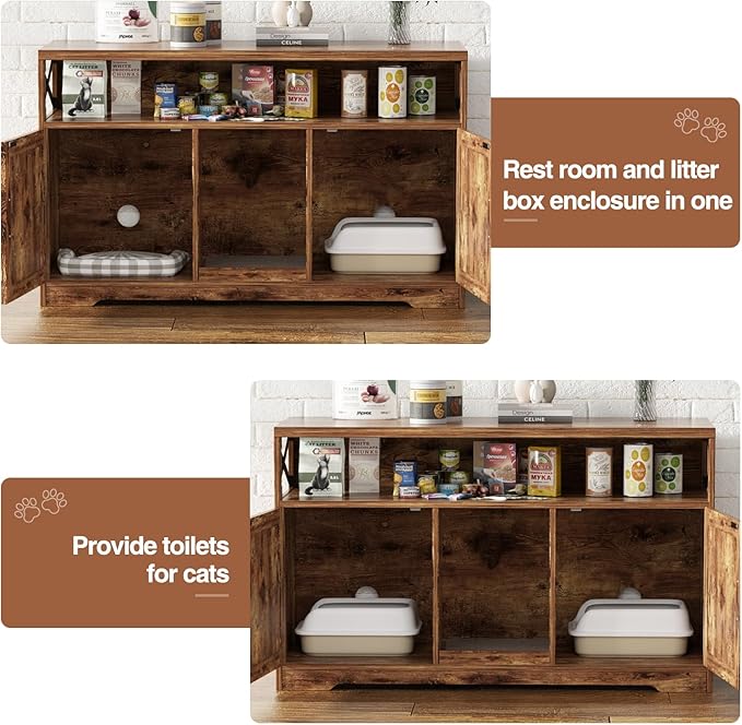 Cat Litter Box Enclosure for 2 Cats, 47" Double Hidden Litter Box Furniture with Scratch Pad, Farmhouse Indoor Litter Box Cabinet Cat Washroom, Rustic Brown-PawvioPets