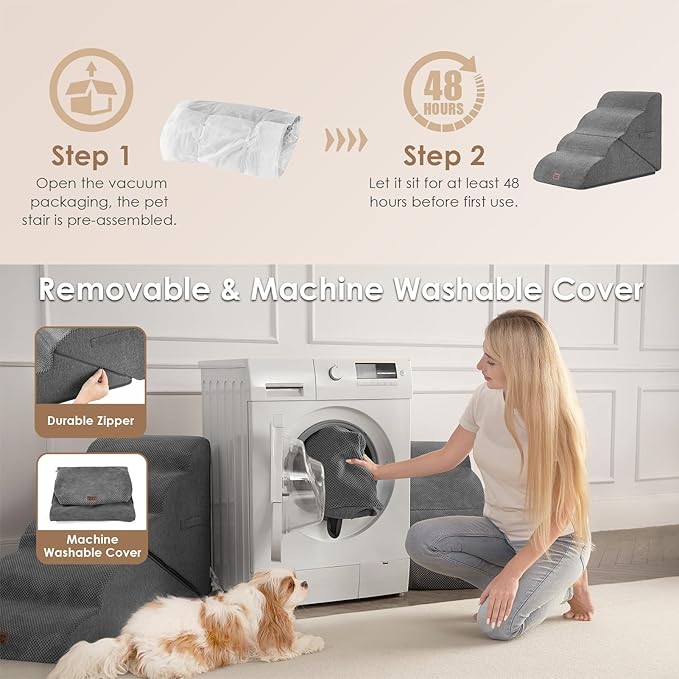 EHEYCIGA Curved Foldable Dog Stairs Ramp for High Beds 19.7" H, 4-Step Dog Steps for Small Dogs and Cats, Pet Stairs for High Bed Climbing, Non-Slip Balanced Pet Step Indoor, Grey-PawvioPets