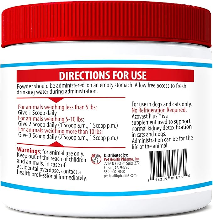 Azovast Plus Kidney Health Supplement for Dogs & Cats, Oral Powder (6 Oz) - (120 Doses/Jar) NO Refrigeration Required - Help Support Kidney Function & Manage Renal Toxins (Made in U.S.A) (6 Oz)-PawvioPets