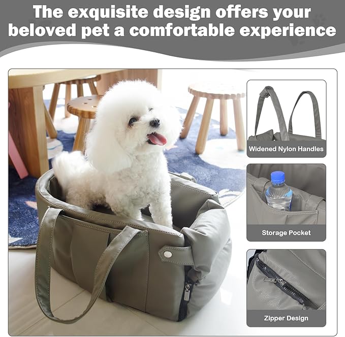 2 and 1 Center Console Dog Car Seat & Carrier for Small Dogs, Large Leather Dog Car Bed with Storage Pocket, Waterproof PVC Leather Seat Travel Bed for Front & Back Seat, Clip-On Safety Leash-PawvioPets