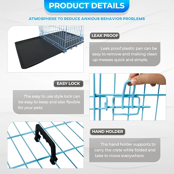 FDW Dog Crate for Small Dogs 24 Inch Folding Metal WirePet Cage Double Door W/Divider Panel Indoor Outdoor Kennel Leak-Proof Plastic Tray,Blue-PawvioPets