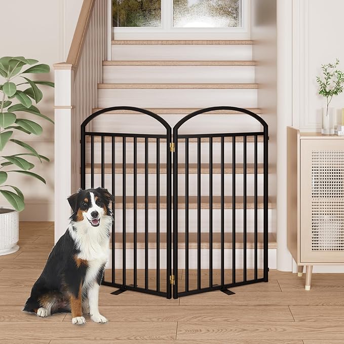 2 Panles Full Matel Freestanding Dog Gates with Door, 48"Extra Wide 36"Tall Free Standing Dog Pet Gate for Indoor & Outdoor. Foldable Pet Fences for Doorways, House, Stairs, Porch, Deck, Yard-PawvioPets