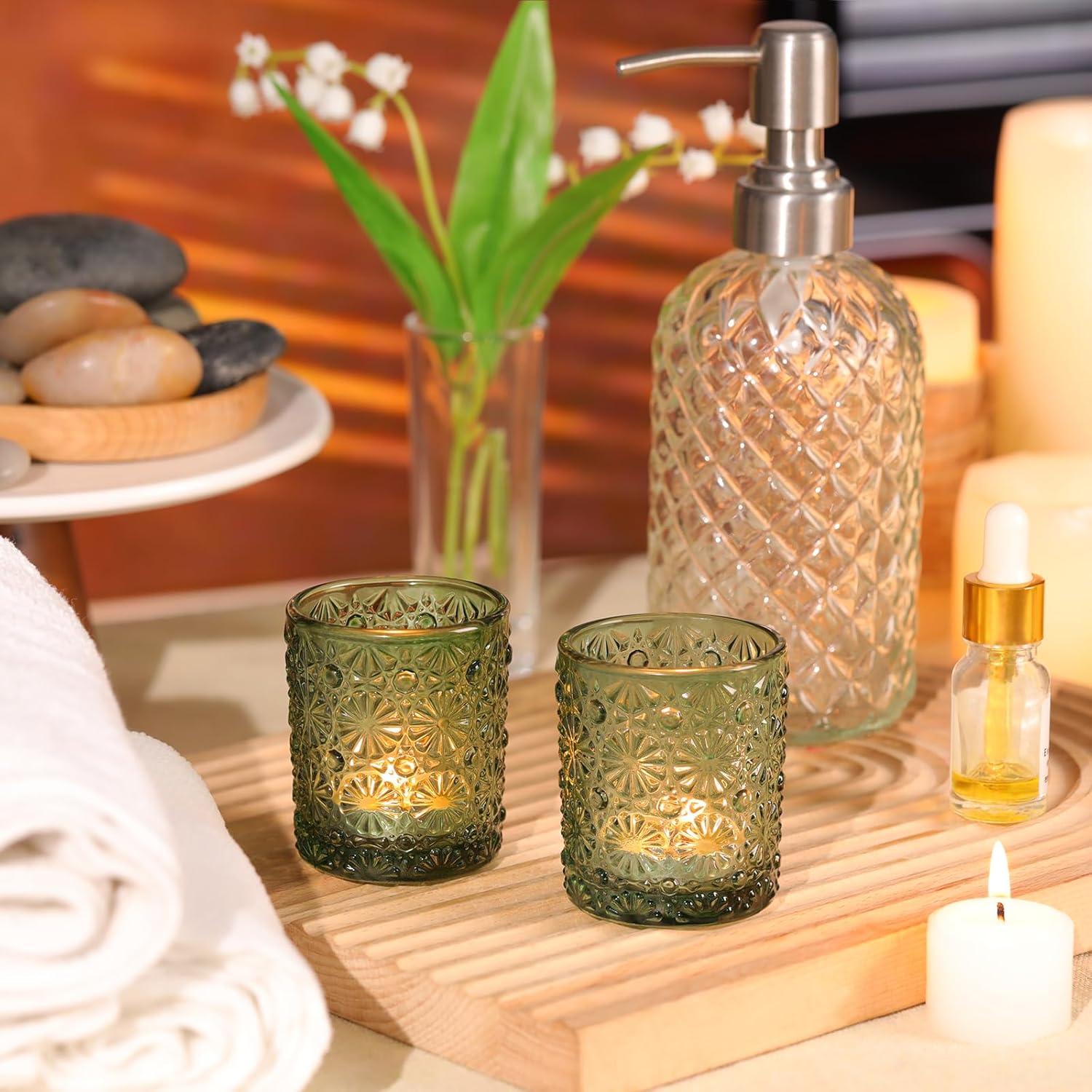 Green Votive Candle Holder Set of 36, Flower Tea Lights Candles Holders for Wedding Table Decor, Birthday Parties, Vintage Home Decor, Bridal Shower and Holiday Decorations