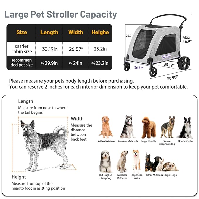 EchoSmile XL Extra Large Dog Stroller - Adjustable Handles,Lightweight Folding Pet Stroller,All-Terrain 4 Wheel for 2 Medium Dogs,Dual Entry Safety Dog Stroller,Capacity 160 lbs,Gray-PawvioPets