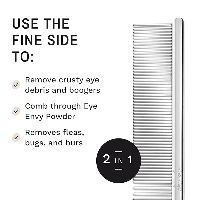 Eye Envy Tear Stain Remover Comb for Dogs and Cats. Fine/Coarse with 80 Rounded Pins. Gently Remove Crusty Eye Debris, Gunk and Boogers. Face and Feet Comb. Remove Tangles-PawvioPets