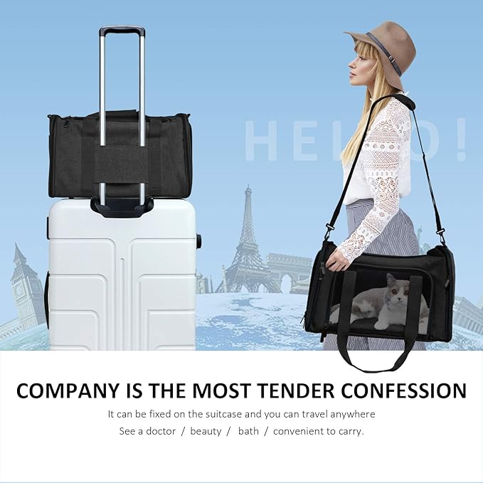 Cat Carriers Dog Carrier Pet Carrier for Small / Medium Cats Dogs Puppies (Up To 15lbs), TSA Airline Approved Small Dog Carrier Soft Sided, Collapsible Waterproof Travel Puppy Carrier -Black-PawvioPets