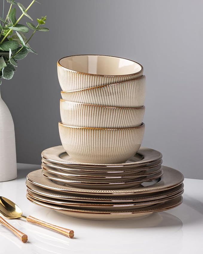 GBHOME Ceramic Dinnerware Sets,12 pcs Embossed Elegant Stoneware Plates and Bowls Sets, Housewarming Wedding Gift | Dishwasher & Microwave Safe | Dishes Set Service for 4-PawvioPets