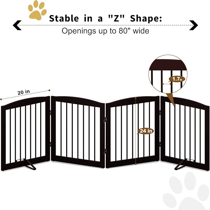 Freestanding Pet Gate for Dogs, Foldable Wooden Dog Gate for House, Indoor Dog Gate for Stair, Doorway, Gates for Dogs Indoor, 80 Inch Wide, 4 Panels 24",Brown-PawvioPets