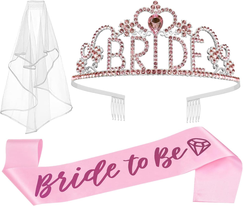 JETKONG 3 Pcs Bachelorette Party Decorations BRIDE Crown, Bride to Be Sash&Veil for Women Bachelorette Party Gifts, Bridal Shower Supplies, Gifts, Favors (Pink)
