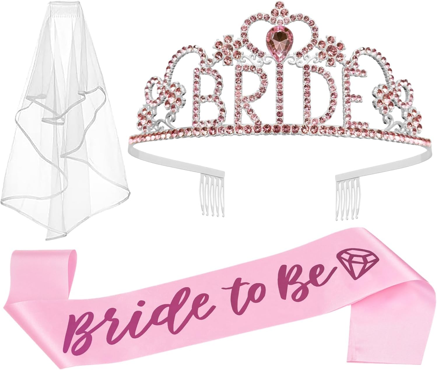 JETKONG 3 Pcs Bachelorette Party Decorations BRIDE Crown, Bride to Be Sash&Veil for Women Bachelorette Party Gifts, Bridal Shower Supplies, Gifts, Favors (Pink)