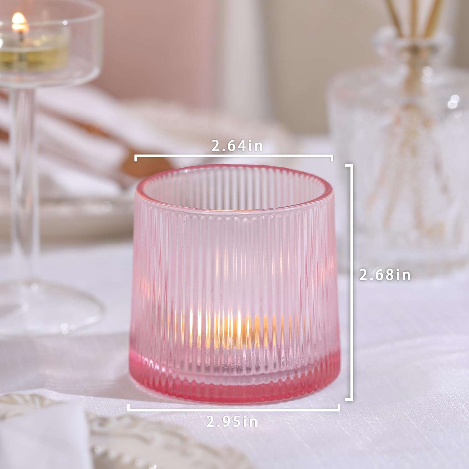 Pink Ribbed Tealight Votive Candle Holders- 6Pack Glass Candle Holders for Table Centerpiece, Home Decor, Wedding Decor, Party Dinner