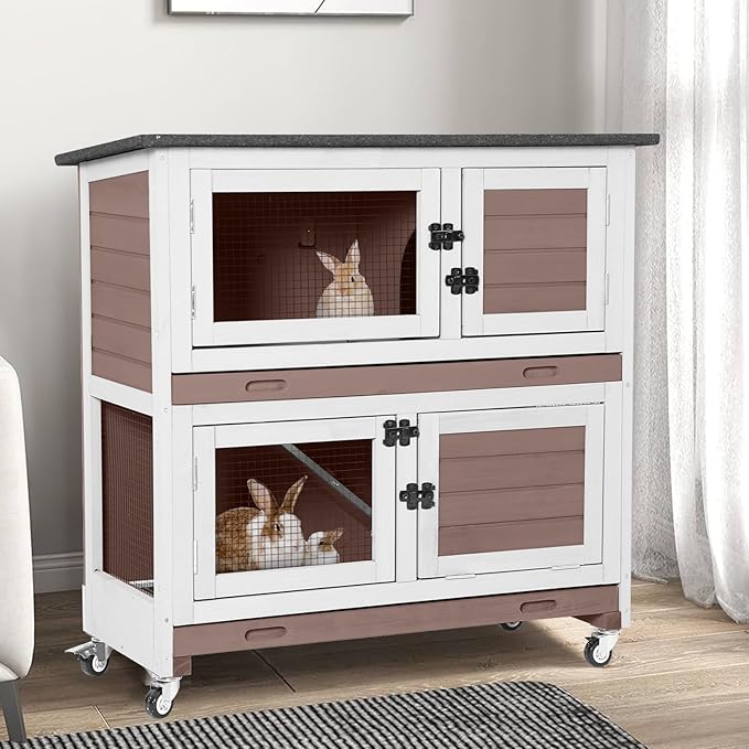 2-Story Rabbit Hutch Indoor Bunny Cage Wooden Guinea Pig House with Chew-Proof Ramp, Leakproof Slide-Out Trays, Lockable Caster Wheels for 1-3 Rabbits (Brown)-PawvioPets