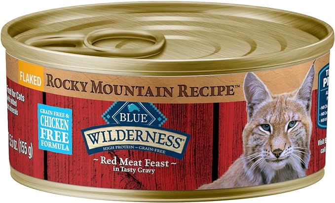 Blue Buffalo Wilderness Rocky Mountain Recipe Flaked Wet Cat Food, Chicken-Free & Grain-Free Recipe, Made with Natural Ingredients, Red Meat in Tasty Gravy, 5.5-oz. Cans (24 Count)-PawvioPets