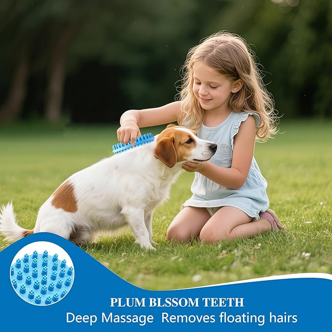 Dog Grooming Brush, Lilpep Pet Shampoo Bath Brush Soothing Massage Rubber Comb with Adjustable Ring Handle for Long Short Haired Dogs and Cats (2 pale blue, 2 sided brush)-PawvioPets